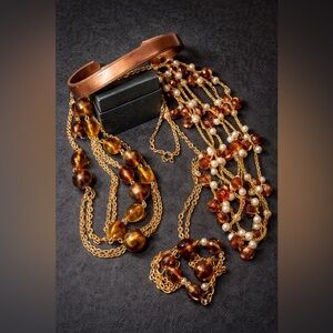 Vintage Jewelry Bundle – Genuine Copper Cuff Bracelet + 2 Beaded Necklaces